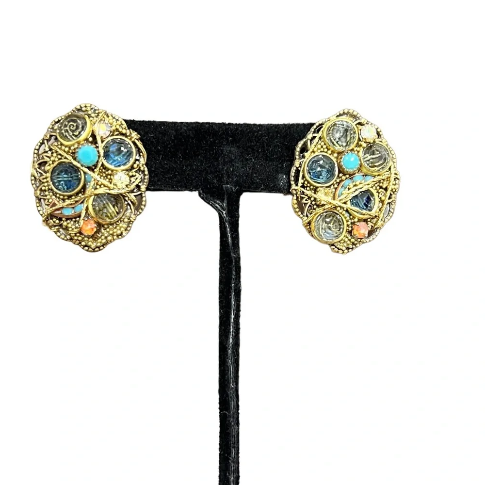 VINTAGE BLUE & TURQUOISE CRYSTAL & MIXED MEDIA ARTISTIC EARRINGS